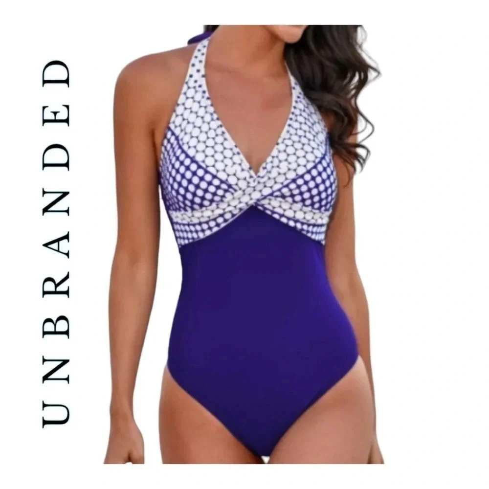 0822. UNBRANDED ONE PIECE SWIMSUIT BLUE/WHITE IN COLOR POLKADOTS SIZE L HALTER